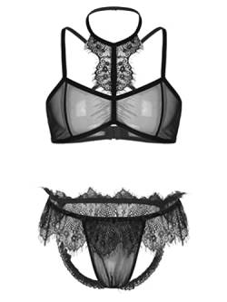 TiaoBug Herren Transparent BH und Jockstrap Ouvert-String Tanga Sexy Sissy Dessous Mann Mesh Bustier Spitzen Reizwäsche Gay Underwear Schwarz L von TiaoBug