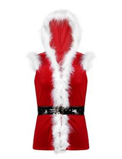 TiaoBug Herren Weihnachtsmann Weste Plüsch Jäckchen Top mit Kapuze Sexy Pullover Strickjacke Oberteile mit Ledergürtel Rot L von TiaoBug
