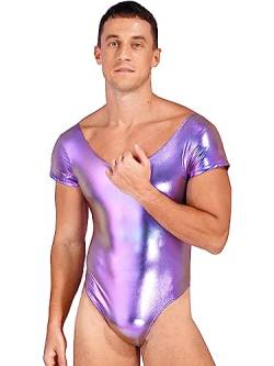 TiaoBug Herren Wetlook Body Lack Leder Bodysuit Kurzarm Rundhals Stringbody High Cut Thong Glänzend Einteiler Unterwäsche Sport Badeanzug Schwimmanzug Violett XL von TiaoBug