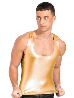 TiaoBug Herren Wetlook Tank Top Lack Leder Unterhemd Muskelshirt Ärmellos Sommer Weste Vest DJ Shirts Clubwear Gold H XL von TiaoBug