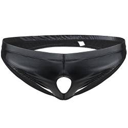 TiaoBug Herren Wetlook Unterwäsche Unterhose Low Rise Ouvert Slip String Offener Hintern Penisloch Kunstleder Mini Hose Pants Offen Erotik sexy Jockstrap Schwarz M von TiaoBug