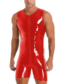 TiaoBug Herrenbody Wetlook Bodysuit Herren Body Unterwäsche mit Bein Boxer Slip Schwarz Erotik Kleidung Dessous Clubwear Rot F 3XL von TiaoBug