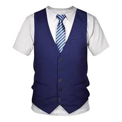 TiaoBug Jungen Kurzarm T-Shirt Rundhals Tee mit Hemd Anzugweste Krawatte Aufdruck Lustiges Shirt Party Tops Unterhemd Schule Uniform Blau 104-110 von TiaoBug