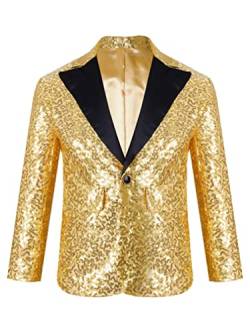 TiaoBug Jungen Pailletten Anzug V-Aussschnitt Sakko Slim Fit Smoking Jacke Glänzend Blazer Tops zur Party Hochzeit Gold 110-116 von TiaoBug