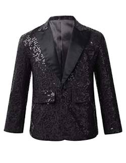 TiaoBug Jungen Pailletten Anzug V-Aussschnitt Sakko Slim Fit Smoking Jacke Glänzend Blazer Tops zur Party Hochzeit Schwarz 146-152 von TiaoBug