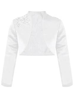 TiaoBug Kinder Mädchen Bolero festlich Satin Strickjacke Bauchfreie Schulterjacke Blumenmädchen Party Hochzeit Weiß K 146-152 von TiaoBug