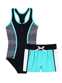 TiaoBug Mädchen Badeanzug 3pcs Tankini Bikini Sets - Badeshirt Oberteil + Badehose + Biniki Slip Shorts Kinder Schwimmanzug Badebekleidung gr. 92-152 Mint Grün D 170-176 von TiaoBug