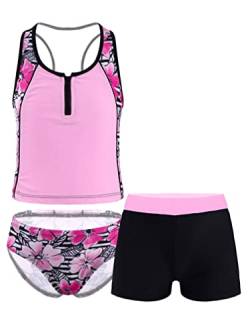 TiaoBug Mädchen Badeanzug 3pcs Tankini Bikini Sets - Badeshirt Oberteil + Badehose + Biniki Slip Shorts Kinder Schwimmanzug Badebekleidung gr. 92-152 Pink B 170-176 von TiaoBug