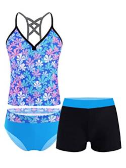 TiaoBug Mädchen Badeanzug 3pcs Tankini Bikini Sets - Badeshirt Oberteil + Badehose + Biniki Slip Shorts Kinder Schwimmanzug Badebekleidung gr. 92-152 Türkis Geblümt 158-164 von TiaoBug