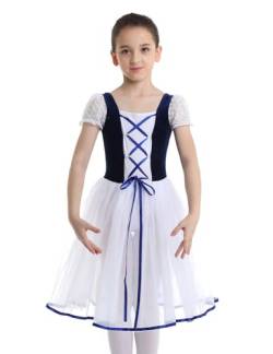 TiaoBug Mädchen Ballettkleid Kurzarm Ballettanzug mit Tüllrock Tutu Kinder Ballettkostüm festlich Prinzessin Kleider Cosplay Verkleidung Outfit gr. 98-152 Marine Blau 140-152 von TiaoBug