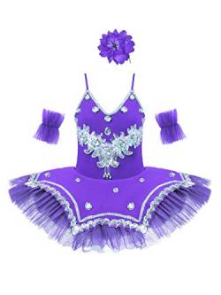 TiaoBug Mädchen Ballettkleidung 3tlg.Set Ballettkleid+Handschuhe+Haarband Kinder Ballettanzug Ballett Trikot Tanz Kostüm Tütü Kleid 104 110 116 122 128 140 152 Violett C 134-140 von TiaoBug