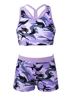 TiaoBug Mädchen Bikini Tankini Set Bustier Top und Sport Shorts Hot Pants Set Sommer Badeanzug Ballett Tanz Bekleidung mit Allover Druck Tarnmuster Violett 146-152 von TiaoBug