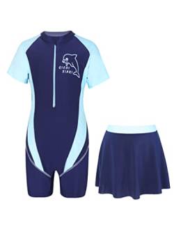 TiaoBug Mädchen Einteiler Badeanzug Bademode mit Badekappe Schwimmanzug mit Shorts Kurze Hose Schwimm Badebekleidung gr. 92-122 Navy Blau E 158-164 von TiaoBug