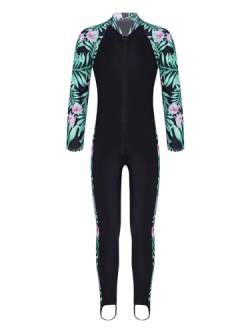 TiaoBug Mädchen Einteiler Badeanzug Ganzkörper Schwimmanzug mit Sonnenschutz Rashguard Neoprenanzug geblümt Lange Ärmel Hose mit Steg Schwarz Palme 140-152 von TiaoBug