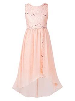 TiaoBug Mädchen Festlich Kleider Hochzeits Blumenmädchenkleid Brautjungfernkleid mit Strass Gürtel Maxi Chiffon Rock mit Schlitz Shorts Coral Pink B 134-140 von TiaoBug