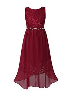 TiaoBug Mädchen Festlich Kleider Hochzeits Blumenmädchenkleid Brautjungfernkleid mit Strass Gürtel Maxi Chiffon Rock mit Schlitz Shorts Dunkelrot B 122-128 von TiaoBug