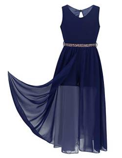 TiaoBug Mädchen Festlich Kleider Hochzeits Blumenmädchenkleid Brautjungfernkleid mit Strass Gürtel Maxi Chiffon Rock mit Schlitz Shorts Navyblau 170-176 von TiaoBug