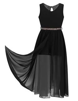 TiaoBug Mädchen Festlich Kleider Hochzeits Blumenmädchenkleid Brautjungfernkleid mit Strass Gürtel Maxi Chiffon Rock mit Schlitz Shorts Schwarz 158-164 von TiaoBug