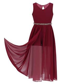 TiaoBug Mädchen Festlich Kleider Hochzeits Blumenmädchenkleid Brautjungfernkleid mit Strass Gürtel Maxi Chiffon Rock mit Schlitz Shorts Weinrot 122-128 von TiaoBug