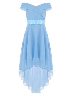 TiaoBug Mädchen Festlich Kleider Kinder Off Shouder Partykleid Festkleid Hochzeits Festzug Spitzen Rüschen Ausschnitt Swing Ausgestellt Faltenrock gr.116-164 Himmelblau J 158-164 von TiaoBug