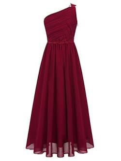 TiaoBug Mädchen Festlich Kleider lang Hochzeits Brautjungfern Blumenmädchenkleid EIN-Schulter Chiffon Partykleid Abschlussball Cocktailkleid Prom Abendkleid gr.110-164 Burgundy F 170-176 von TiaoBug