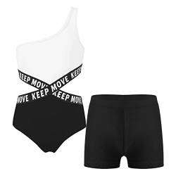 TiaoBug Mädchen Hawaii Badeanzug EIN-Schulter Schwimmanzug mit Kurze Badehose Sport Badeshorts Sommer Cut-Outs Badebekleidung Strandmode Schwarz 122-128 von TiaoBug