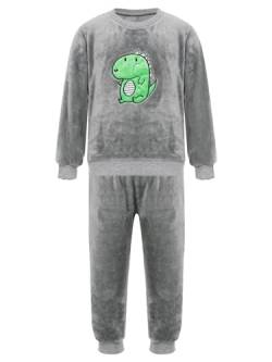 TiaoBug Mädchen Jungen Polar Fleece Schlafanzug lang Plüsch Pyjamas Set Langarm Rundhals T-Shirt mit Cartoon Aufdruck und Jogger Hose Herbst Winter Nachtwäsche Grau Dinosaurier 98-104 von TiaoBug