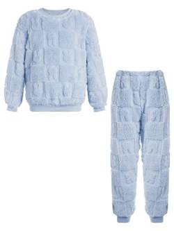 TiaoBug Mädchen Jungen Polar Fleece Schlafanzug lang Plüsch Pyjamas Set Oberteil Hemd und Lässig Hose Herbst Winter Nachtwäsche Blau N 158-164 von TiaoBug
