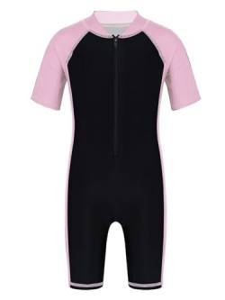 TiaoBug Mädchen Jungen Sport Badeanzug Schwimmanzug mit Reisverschluss Einteiler aus Kurzarm Bade Hemd Shirt und Kurze Hose Pink&Schwarz 146-152 von TiaoBug
