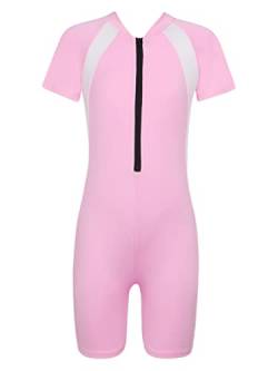 TiaoBug Mädchen Jungen Sport Badeanzug Schwimmanzug mit Reisverschluss Einteiler aus Kurzarm Bade Hemd Shirt und Kurze Hose Rosa Einfarbig 140-152 von TiaoBug