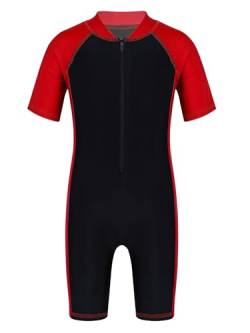 TiaoBug Mädchen Jungen Sport Badeanzug Schwimmanzug mit Reisverschluss Einteiler aus Kurzarm Bade Hemd Shirt und Kurze Hose Rot&Schwarz 158-164 von TiaoBug