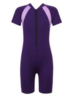 TiaoBug Mädchen Jungen Sport Badeanzug Schwimmanzug mit Reisverschluss Einteiler aus Kurzarm Bade Hemd Shirt und Kurze Hose Violett 158-164 von TiaoBug