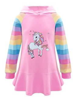 TiaoBug Mädchen Kapuzenpullover Langarm Sweatkleid mit Kapuze Einhörner Aufdruck Hoodie Cartoon Top Herbst Winter Kleid Knielang Freizeitkleider Rosa B 122-128 von TiaoBug