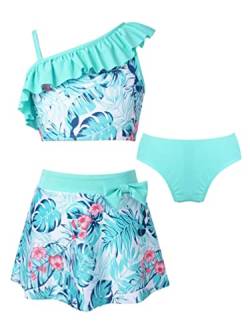 TiaoBug Mädchen Kinder Badeanzug Zweiteiler Bikini Tankini Set Einschulter Top Oberteile mit Träger Rüschen Badehose Baderock Badebekleidung Bademode Strandkleidung Mintgrün 3er Set 110-116 von TiaoBug