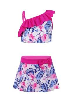 TiaoBug Mädchen Kinder Badeanzug Zweiteiler Bikini Tankini Set Einschulter Top Oberteile mit Träger Rüschen Badehose Baderock Badebekleidung Bademode Strandkleidung Rose 3er Set 122-128 von TiaoBug