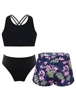 TiaoBug Mädchen Kinder Tankini Bikini Set Sport Badeanzug Zweiteiler Bademode Leopardenmuster Top und Kurze Hose Shorts Turnanzug Tanz Gymnastik Bade Bekleidung 116-164 Schwarz Blumen CC 164 von TiaoBug