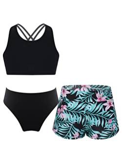 TiaoBug Mädchen Kinder Tankini Bikini Set Sport Badeanzug Zweiteiler Bademode Leopardenmuster Top und Kurze Hose Shorts Turnanzug Tanz Gymnastik Bade Bekleidung 116-164 Schwarz Grün CC 152 von TiaoBug