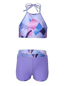 TiaoBug Mädchen Kinder Tankini Bikini Set Sport Badeanzug Zweiteiler Bademode Leopardenmuster Top und Kurze Hose Shorts Turnanzug Tanz Gymnastik Bade Bekleidung 116-164 Violett B 164 von TiaoBug