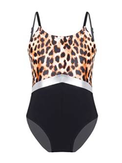 TiaoBug Mädchen Klassisch Badeanzug Leopard/Karo Muster Schwimmanzug Sport Bademode Rückenfrei UV Schutz Badebekleidung Beachwear Braun Leopard 146-152 von TiaoBug