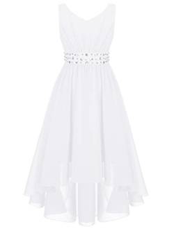 TiaoBug Mädchen Kleider Festlich Sommer langes Abendkleider Partykleid Schulterfreies Chiffon Festkleid Kommunions Hochzeit Brautjungfern Kleid gr. 104-170 Weiß FF 134-140 von TiaoBug