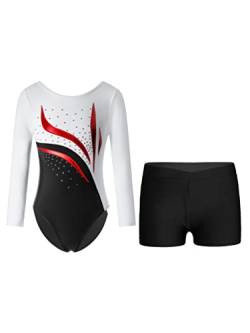 TiaoBug Mädchen Langarm Turnanzug Streifen Glitzer Gymnastikanzug mit Sport Shorts Sommer Kurze Hose Leggings Tights Ballett Tanz Outfit Weiß schwarz A 158-164 von TiaoBug