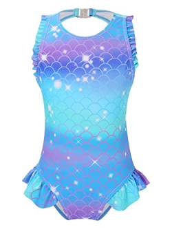 TiaoBug Mädchen Meerjungfrau Badeanzug Bikini Schwimmanzug EIN-Schulter mit Rüschen Kinder Bademode Beachwear 98 104 110 116 122 128 134 140 146 152 158 164 176 Blau R 122-128/7-8 Jahre von TiaoBug