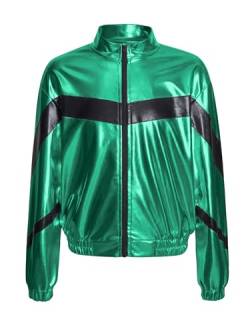 TiaoBug Mädchen Metallic Jacke Langarm Baseball College Übergangsjacke mit Reisverschluss Modern Jazz Hip Hop Tanz 70er 80er Jahre Outfit Grün A 158-164 von TiaoBug