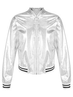 TiaoBug Mädchen Metallic Jacke Langarm Baseball College Übergangsjacke mit Reisverschluss Modern Jazz Hip Hop Tanz 70er 80er Jahre Outfit Silber 134-140 von TiaoBug