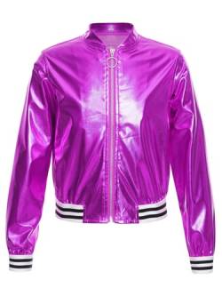 TiaoBug Mädchen Metallic Jacke Langarm Baseball College Übergangsjacke mit Reisverschluss Modern Jazz Hip Hop Tanz 70er 80er Jahre Outfit Violett 146-152 von TiaoBug