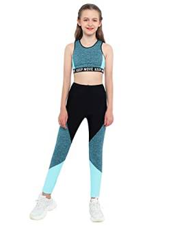 TiaoBug Mädchen Sport BH Jogginghose Sport Leggings Yoga Hose Trainingshose Sport Bustier ohne Bügel Yoga Fitness Training Bekleidung Set Grün Farbblock 158-164 von TiaoBug