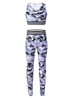 TiaoBug Mädchen Sport BH Jogginghose Sport Leggings Yoga Hose Trainingshose Sport Bustier ohne Bügel Yoga Fitness Training Bekleidung Set Lila Camouflage 146-152 von TiaoBug