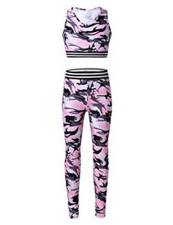 TiaoBug Mädchen Sport BH Jogginghose Sport Leggings Yoga Hose Trainingshose Sport Bustier ohne Bügel Yoga Fitness Training Bekleidung Set Rosa Camouflage 146-152 von TiaoBug