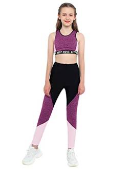 TiaoBug Mädchen Sport BH Jogginghose Sport Leggings Yoga Hose Trainingshose Sport Bustier ohne Bügel Yoga Fitness Training Bekleidung Set Rosa Farbblock 134-140 von TiaoBug