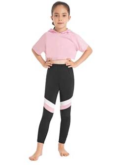 TiaoBug Mädchen Sport Hoodie Kurzarm Shirt und Leggings Tights mit Streifen 2 Pcs Tanzbekleidung Gym Fitness Trainingsanzug Rosa 134-140 von TiaoBug